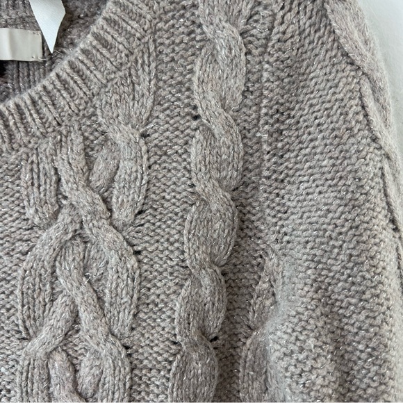 Loft cable knit chunky tan sweater crewneck shimmer light metallic thread Sz S - Picture 6 of 8